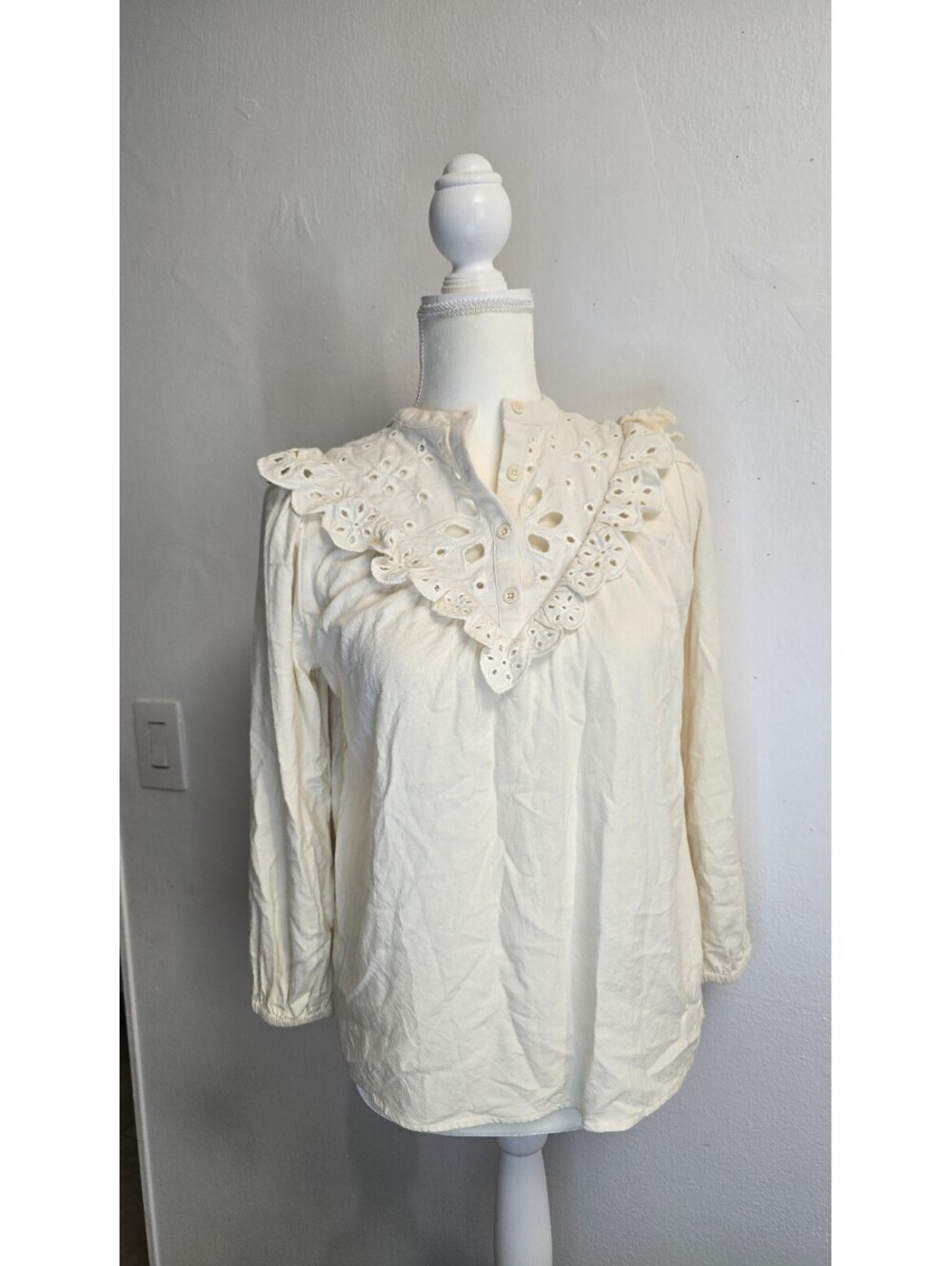 Madewell Eyelet Ruffle Bib Blouse Cream Ivory Long Sleeve Top XS/S